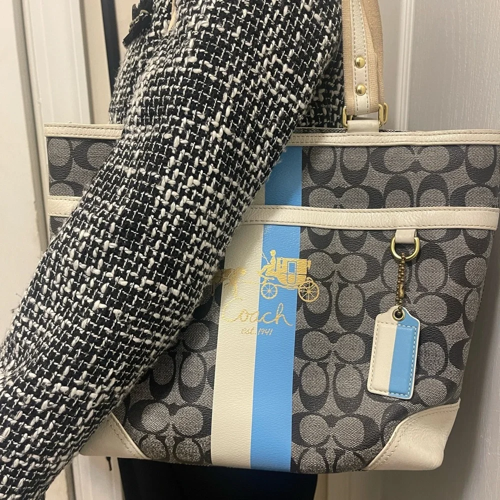 Coach bag gray and black with blue and white stripes gold logo in the front_5